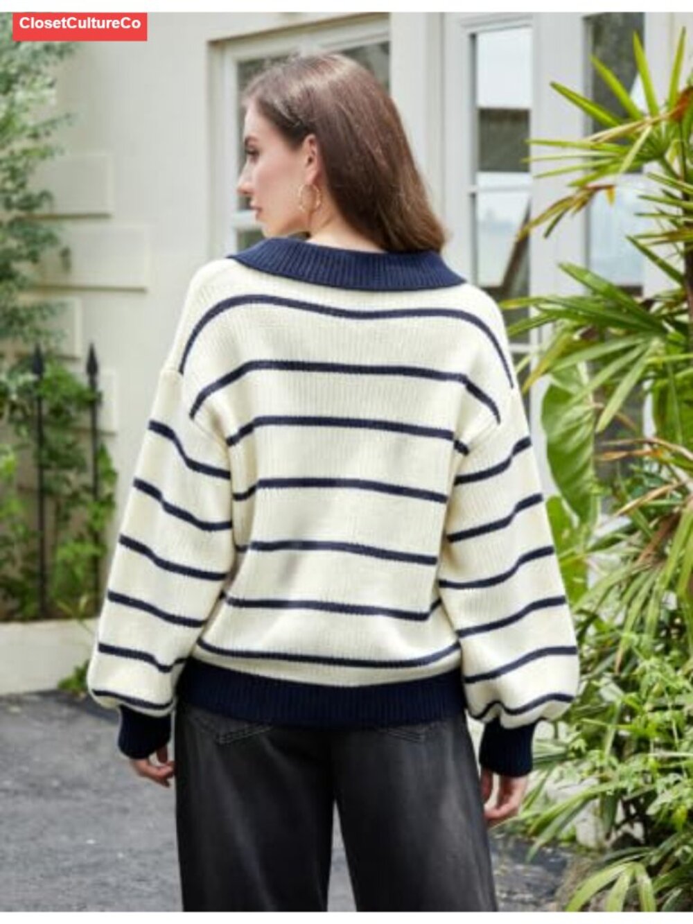 Oversized Striped Polo Collar Chunky Knit Pullover Sweater Preppy - Picture 3 of 6